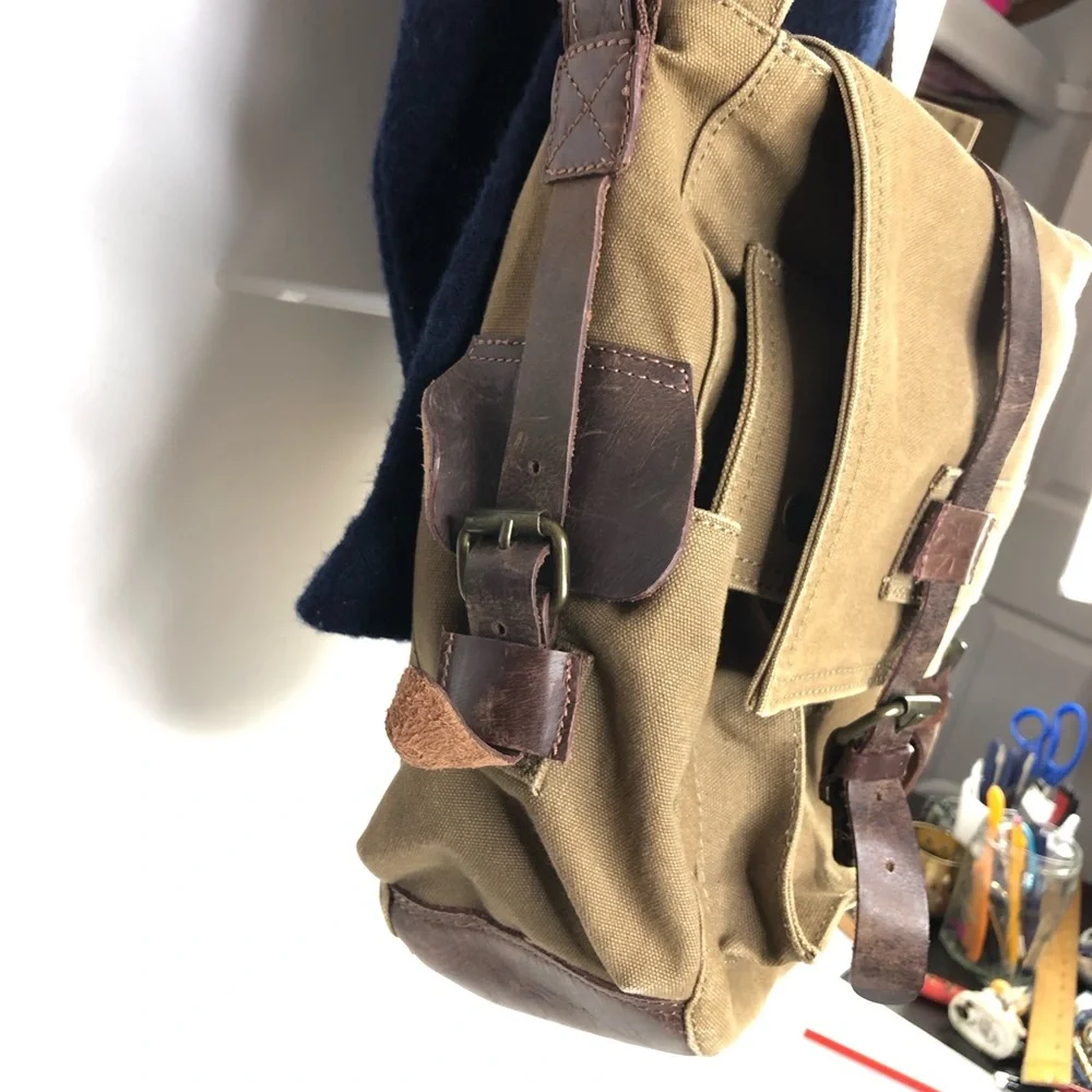 Rustic Town Men Brown Military Leather Canvas Messenger Bag L Shoulder Crossbody